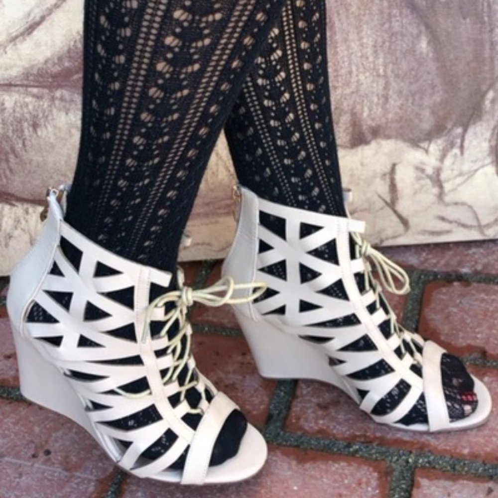 BNIB Ankle Strap Bootie Laser Cut Out Lace Wedge